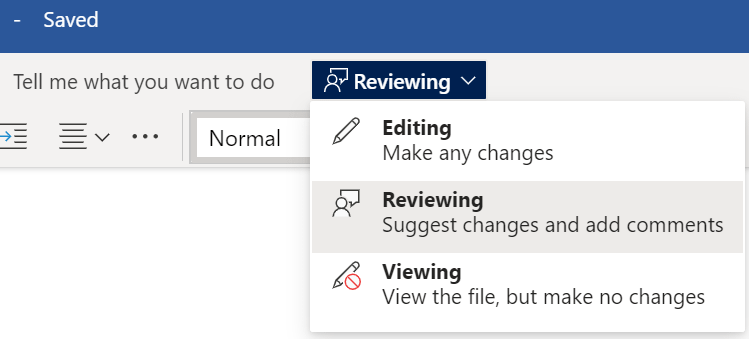 Reviewing options in Word online