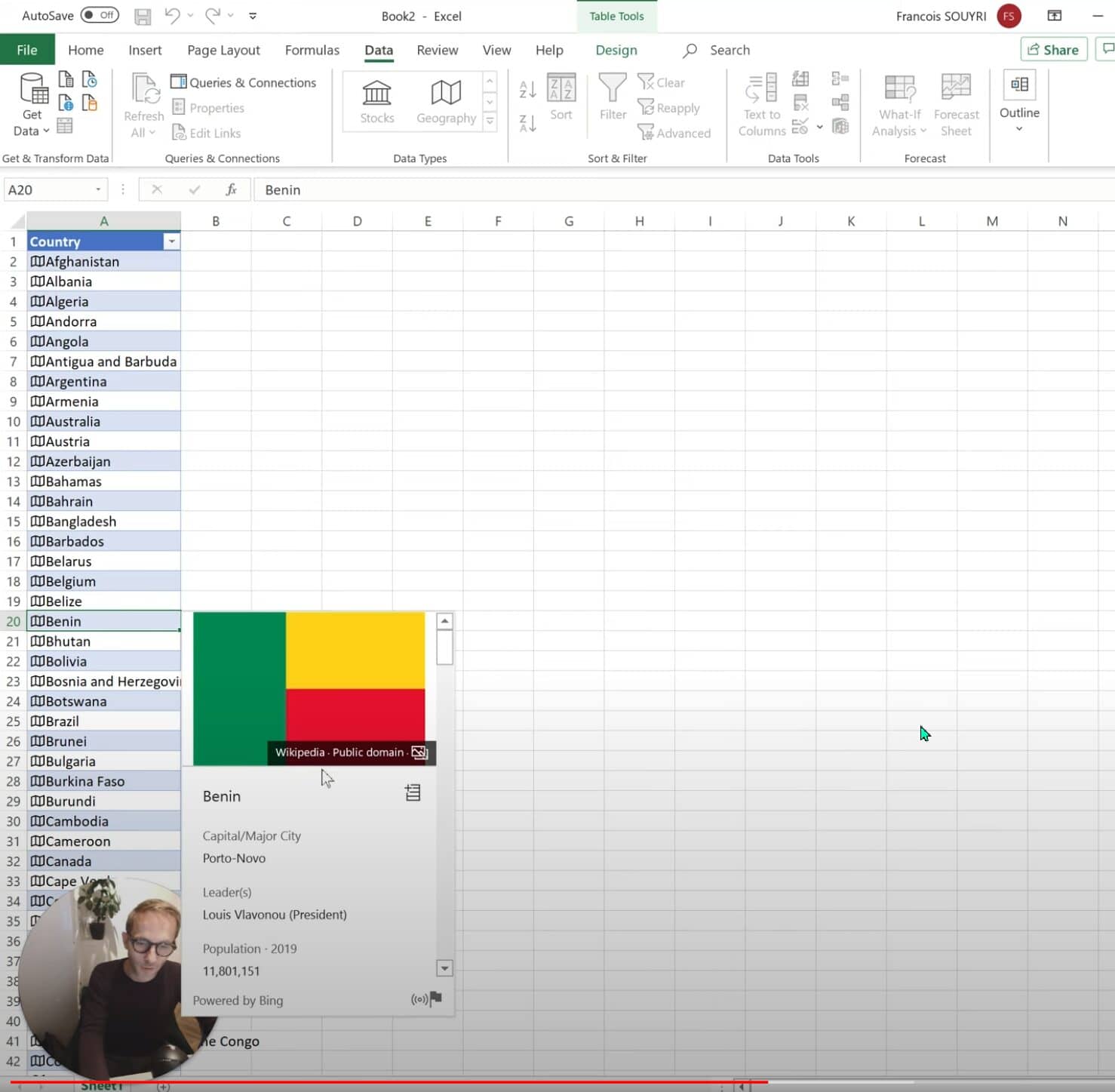 a data scientist using Excel Geography data type Francois